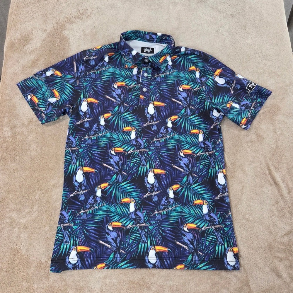 Waggle polo mens Small tropical birds Palm blue Toucan golf short sleeve EUC